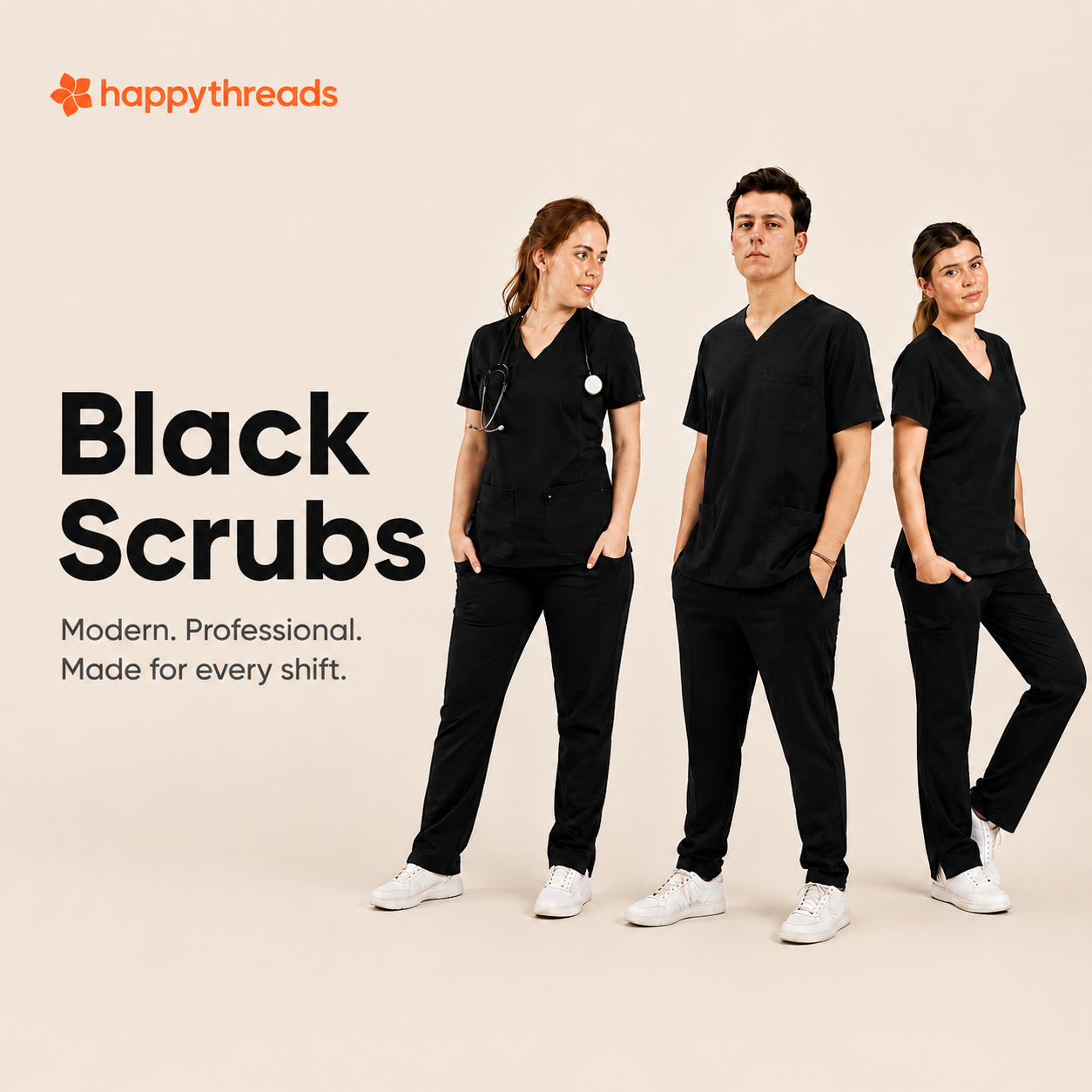 Three healthcare professionals wearing black scrubs in a Happythreads product image with text reading “Black Scrubs”