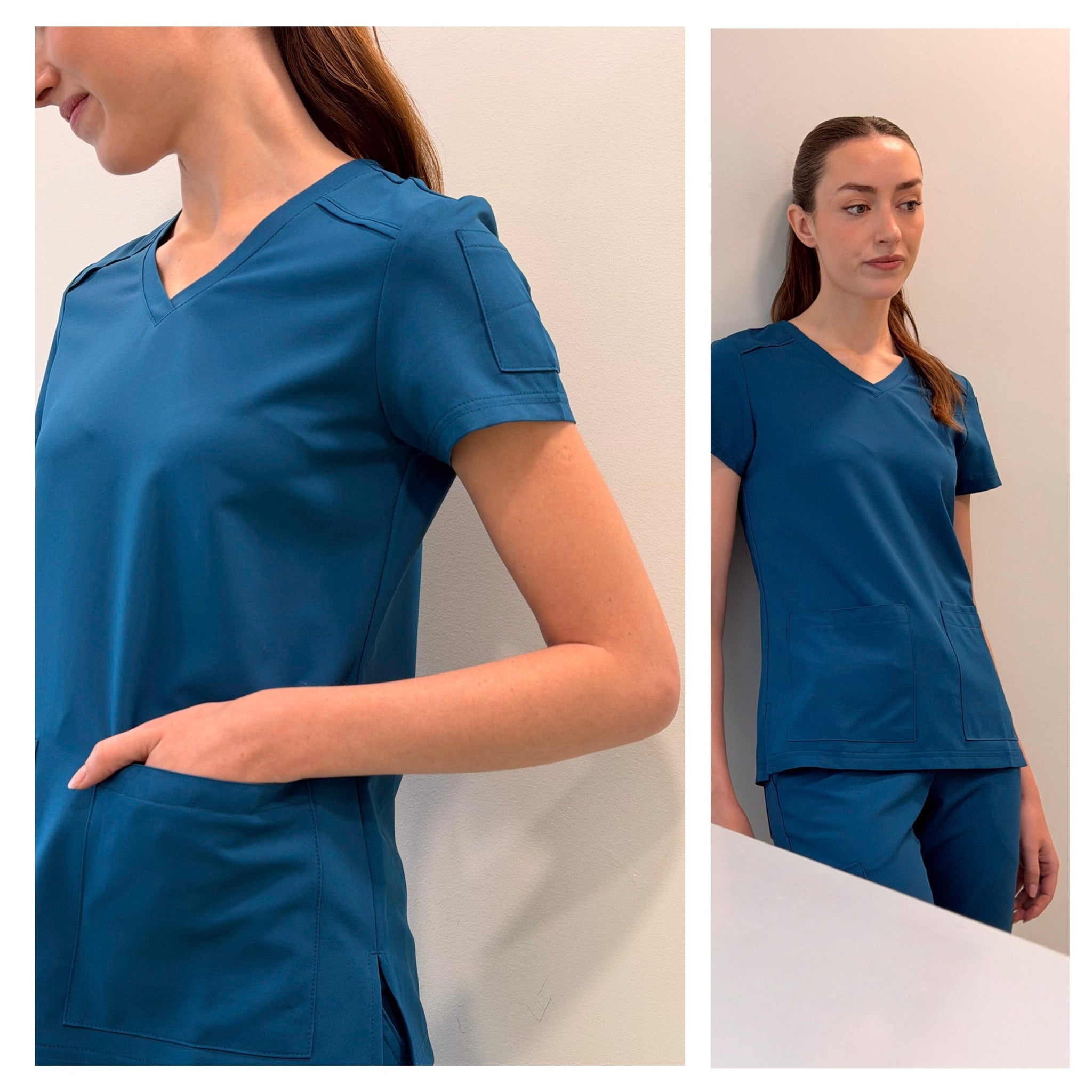 Healthcare professional wearing a teal scrub top and matching trousers, shown in two angles highlighting the V-neck design, pockets and fitted silhouette.
