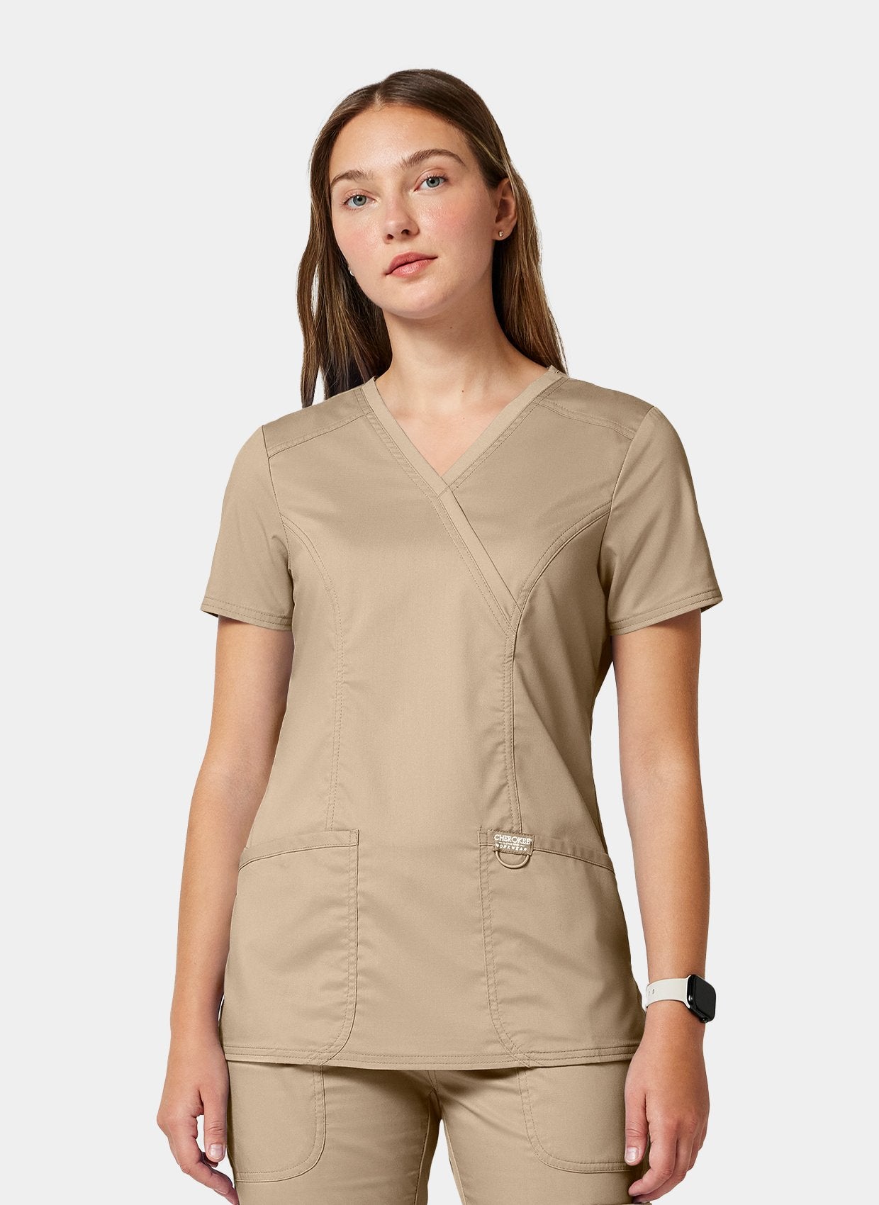 womens scrub top cherokee ww revolution mock wraps WWE610 khaki