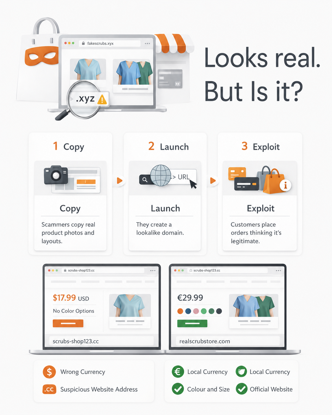 Infographic showing how fake online stores copy real scrub websites, use suspicious domains and misleading prices, with checks for safe online shopping.