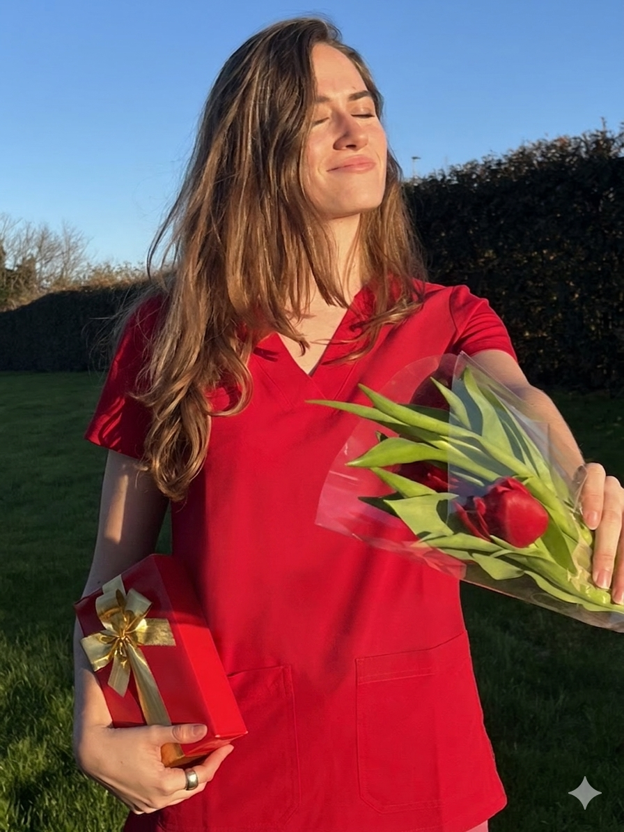 Frau im rotem Kasack mit Blumen und Geschenk an Muttertag