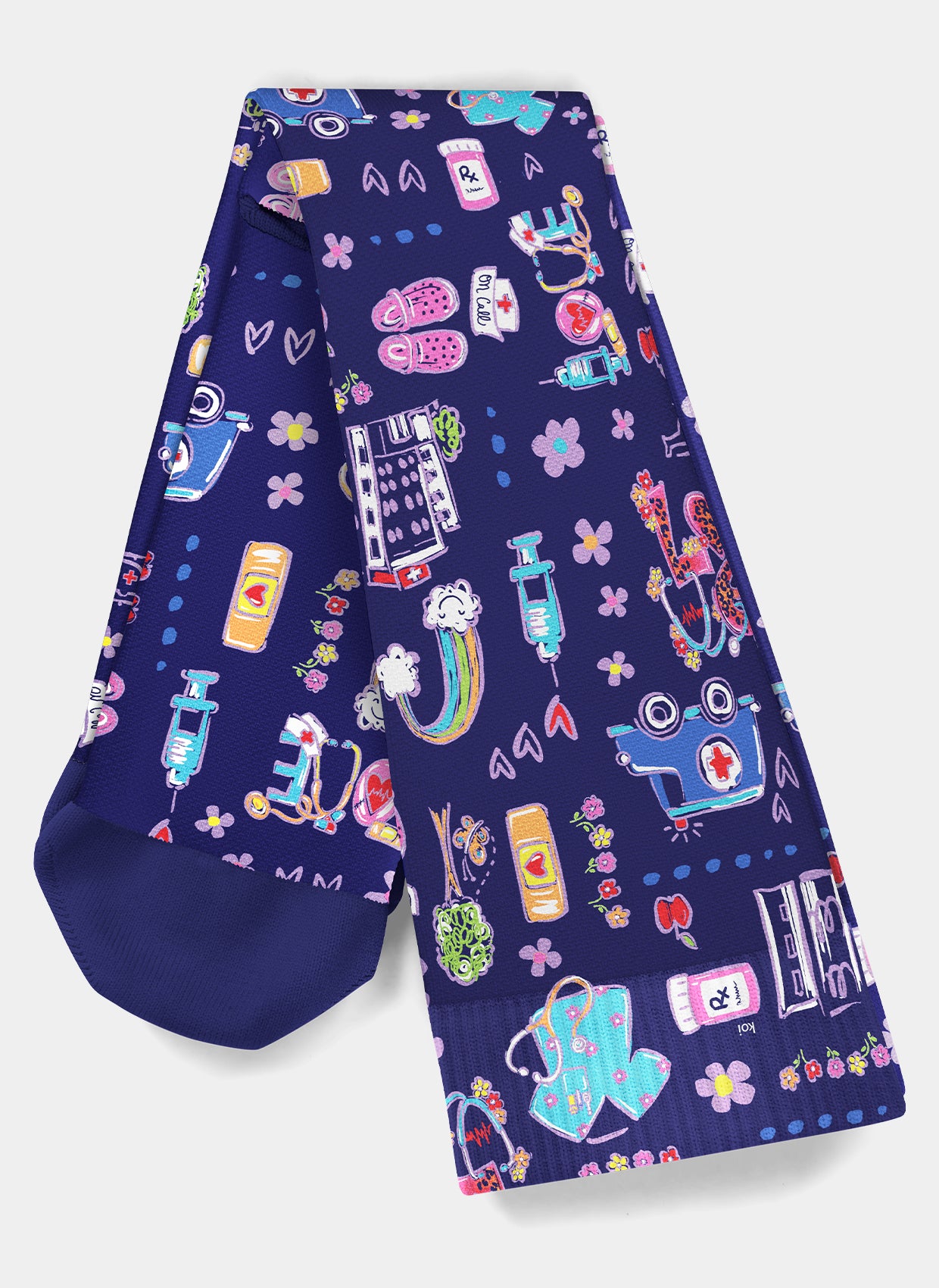 Navy blue knee-high compression socks with colourful ambulance pattern