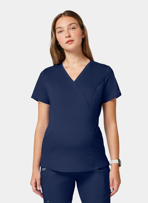 Navy Cherokee Revolution maternity mock wrap scrub top, front view