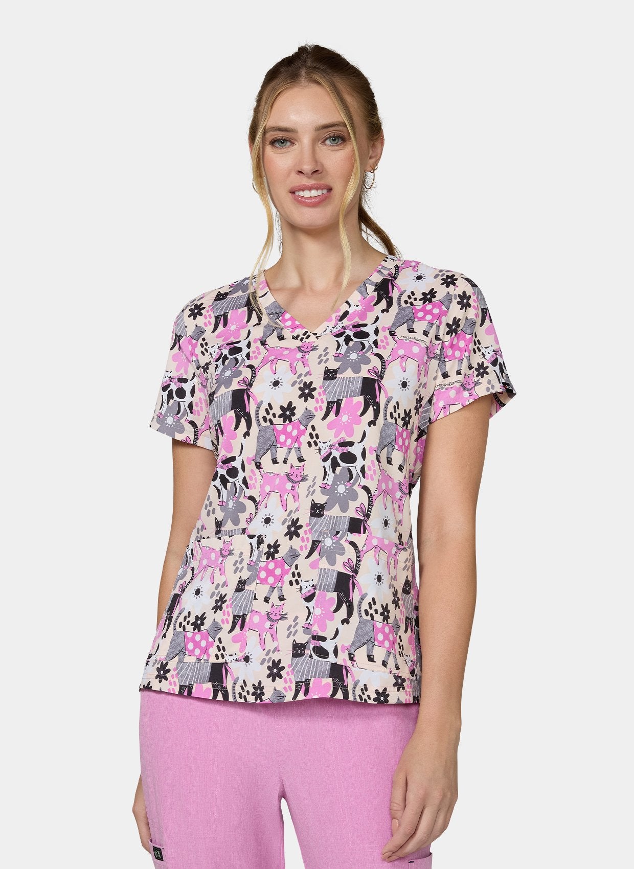 Women's Koi Basics Leslie Scrub Top in Everyday Floral Cats