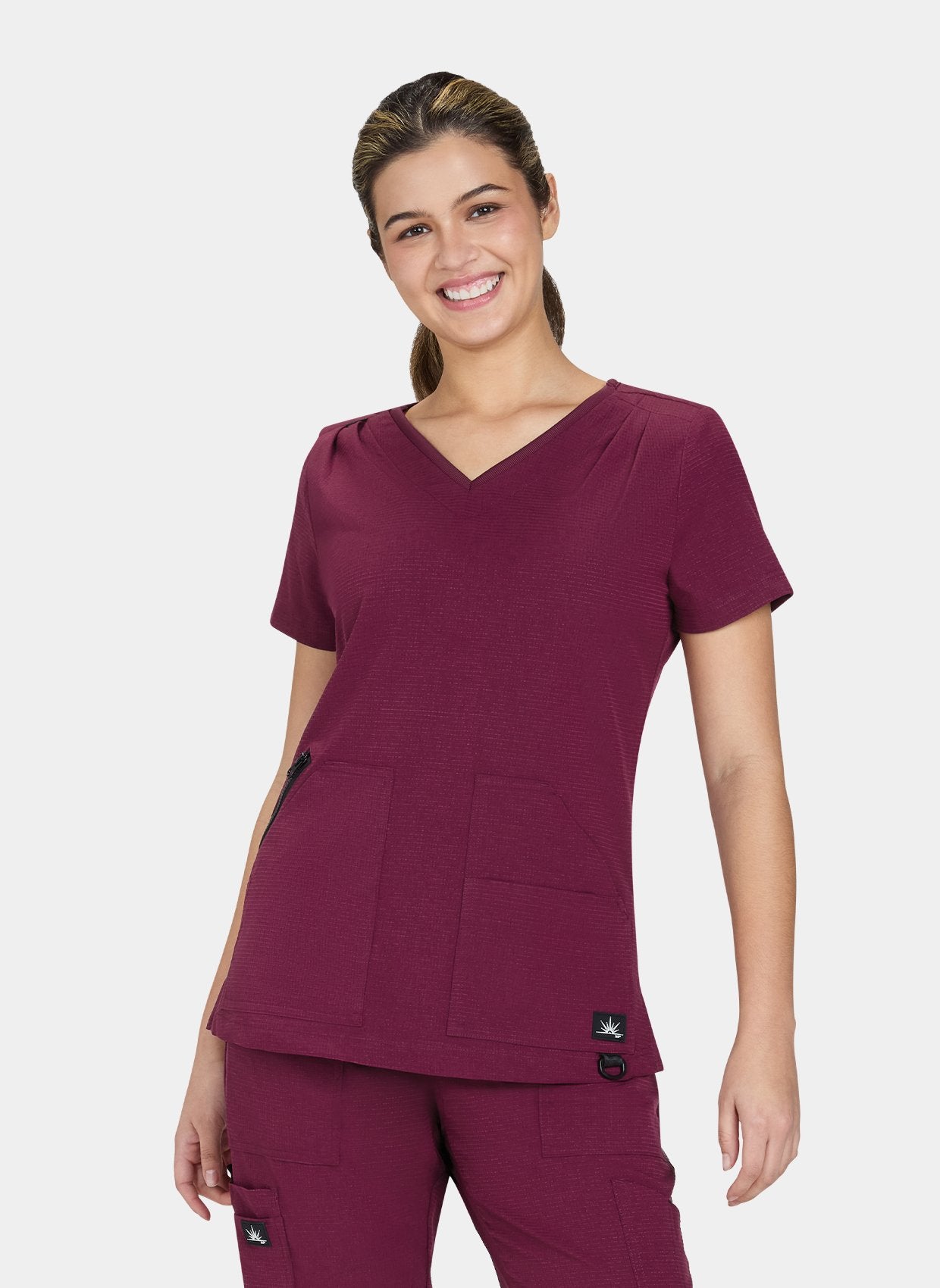Koi Solis Sari scrub top wine front 