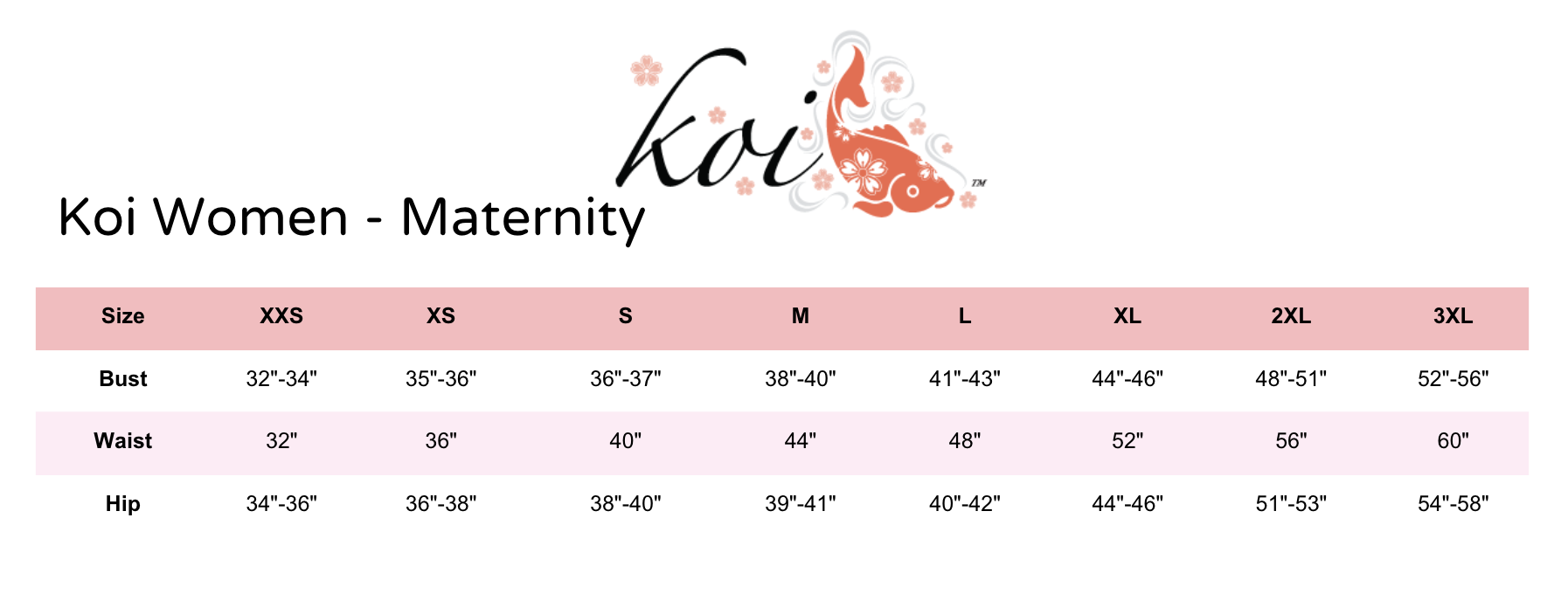 Koi Maternity Size Chart